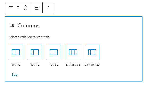 The columns block variation lets users select between 5 different column combinations with two or three columns.