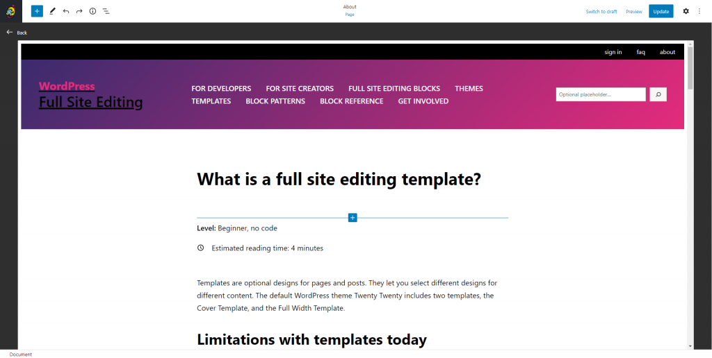 What is a full site editing template? Full Site Editing