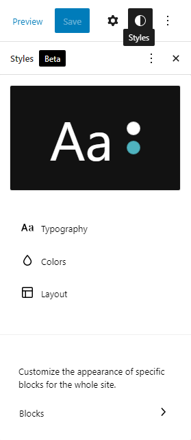 From the Global Styles sidebar you can open links to Typography, color, and layout settings.