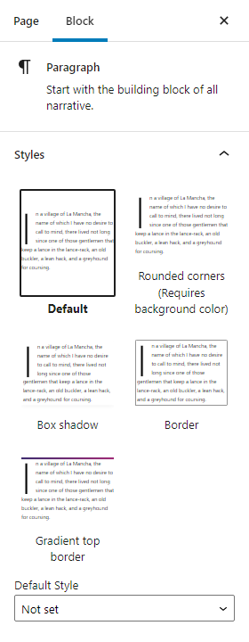 Example block style selection for the paragraph block. The style includes rounded corners, box shadow, border, and gradient top border.