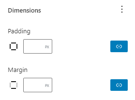 The dimension panel with padding and margin input fields enabled.
The reset all button is hidden inside the modal that can be opened with the "View options" menu.