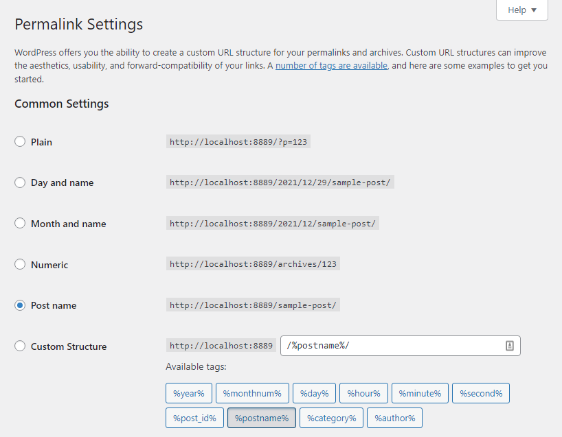 The permalink settings page has a form with several options for the URL structure.