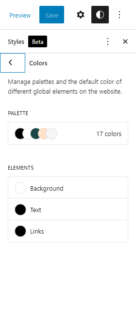 In the Styles colors panel you can find the palettes (default, theme palette, and palettes added by the user) and a list of elements: Background, text and links.
Selecting one of the elements opens a modal with a color picker.