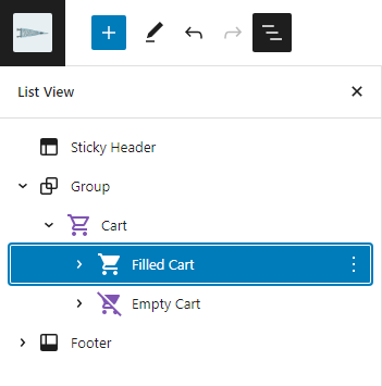 The editor List View shows a cart block with two inner blocks.