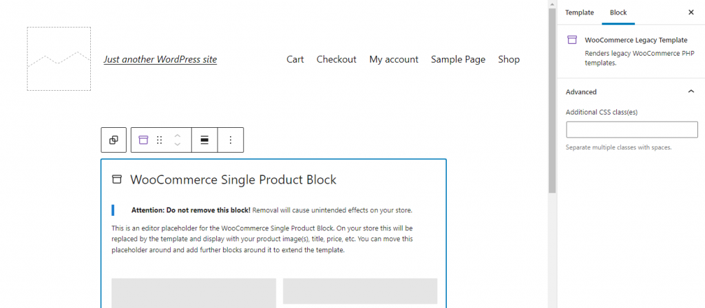 The Site Editor shows the themes default header, followed by a placeholder for a single WooCommerce block.
The block has a notice that warns users not to remove the block.