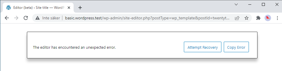 The Site Editor shows a white screen and an error message that says "The editor has encountered an unexpected error".