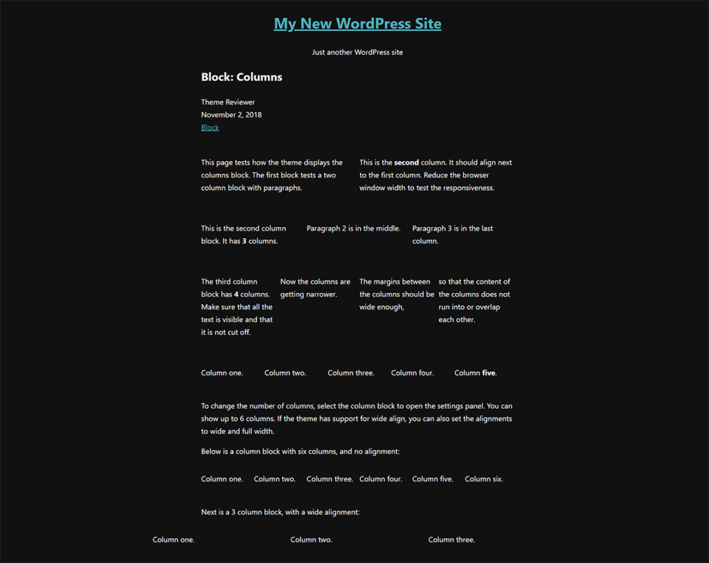A screenshot of the front of the website with styles applied, displaying columns blocks.