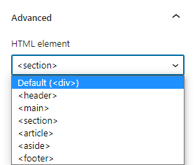 The HTML element option in the Advanced panel, with the select list open. The div is marked as the default option in the select list.