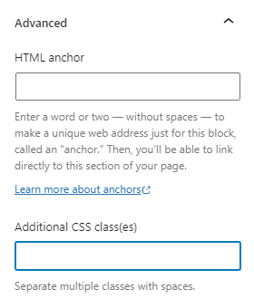 The additional CSS classes field is under the Advanced section of the block settings sidebar when a block is selected.