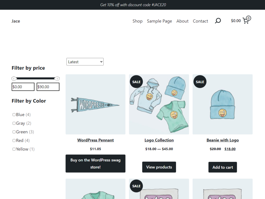 The theme has an optional color scheme with white background and dark grey text. The screenshot displays an alternative header with the menu to the right and a shop page with three columns of products from WooCommerce.