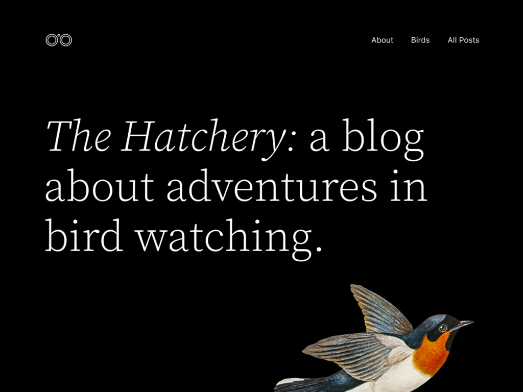 Twenty Twenty-Two has a large black header on the front page. It has a right aligned menu, a large heading and an image of a bird.