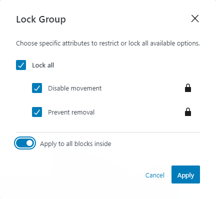 When locking a group, the locking modal includes a toggle option with the label "Apply to all blocks inside".