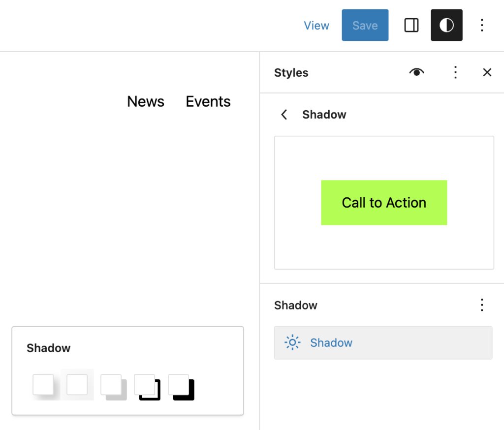 Shadow presets can be found in the Site Editor under Styles > Blocks> Button > Shadow