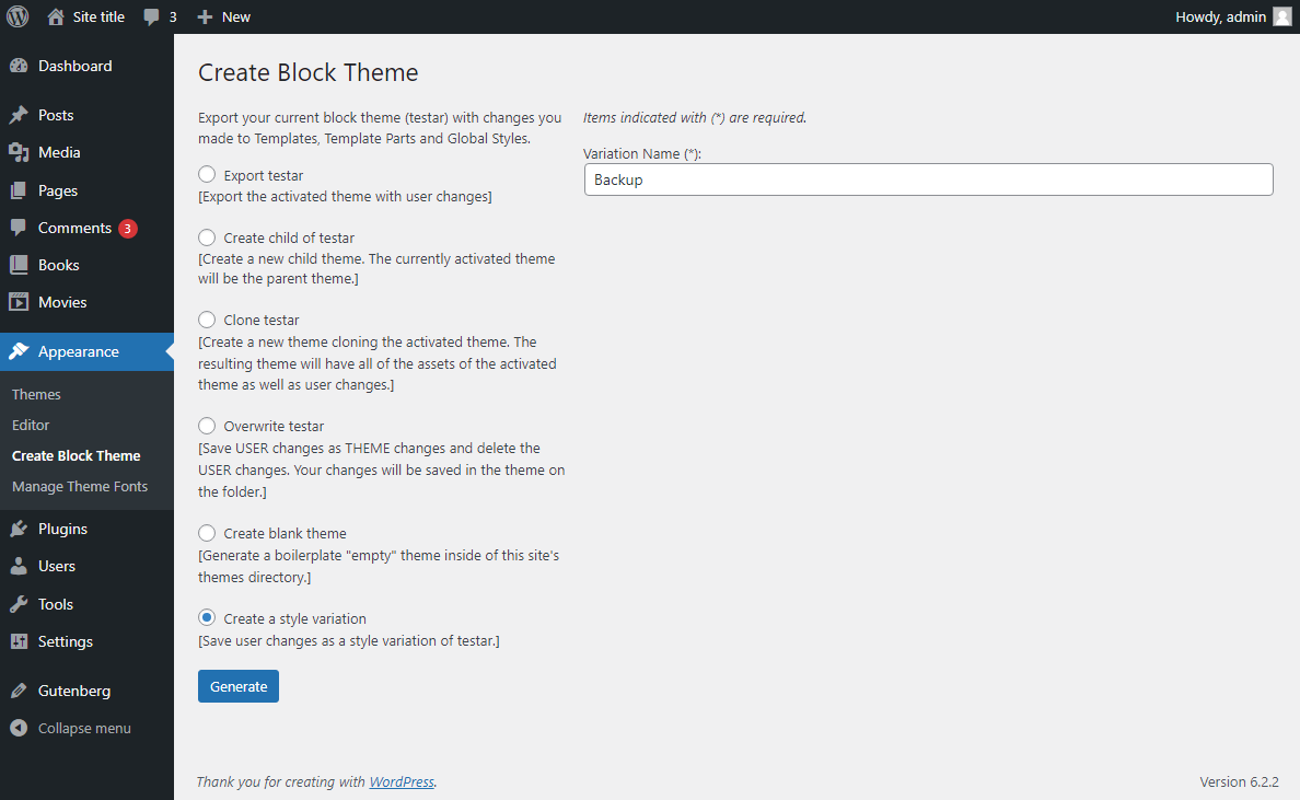 The Create Block Theme options page with the "Create a style variation" option selected.