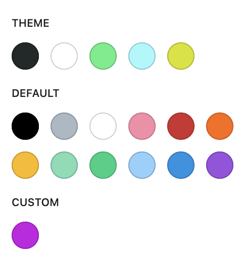 Three color palettes with circular color symbols. The palettes are labeled theme, default, and custom.