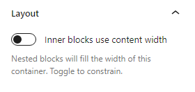 The updated toggle control for the layout setting is toggled off in the post content block.