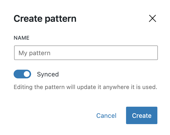 The create pattern modal has an input field where you enter the name, a toggle button for the synced status, a cancel button and a "create" button which submits the form.
