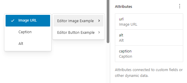 The Attributes panel shows a flyout menu where the Image URL option is selected. The selected option is shown with a checkmark before its label.