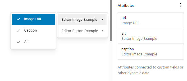 The Attributes panel shows a flyout menu where three options are displayed with a check mark before their labels.