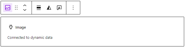 A screenshot of the image block with a purple border. The placeholder has a text that says: Connected to dynamic data.